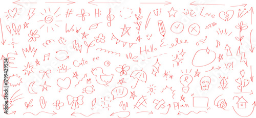 Cute line heart, arrow and star, gift bow, skull and bird, diamond and flower, pencil and butterfly, lightning and lightbulb, sun. Vector sketch hand drawn set. dark, abstract image featuring a comple