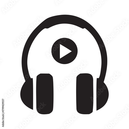 Simple icon of black headphones with a play button overlay indicating audio and music playback