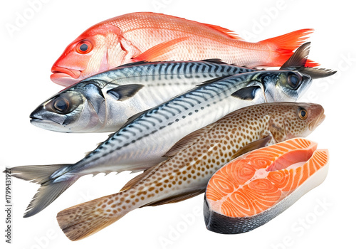 Assortment of Fresh Seafood Including Red Snapper Mackerel Grouper and Salmon Steak on a Transparent Background Studio Shot