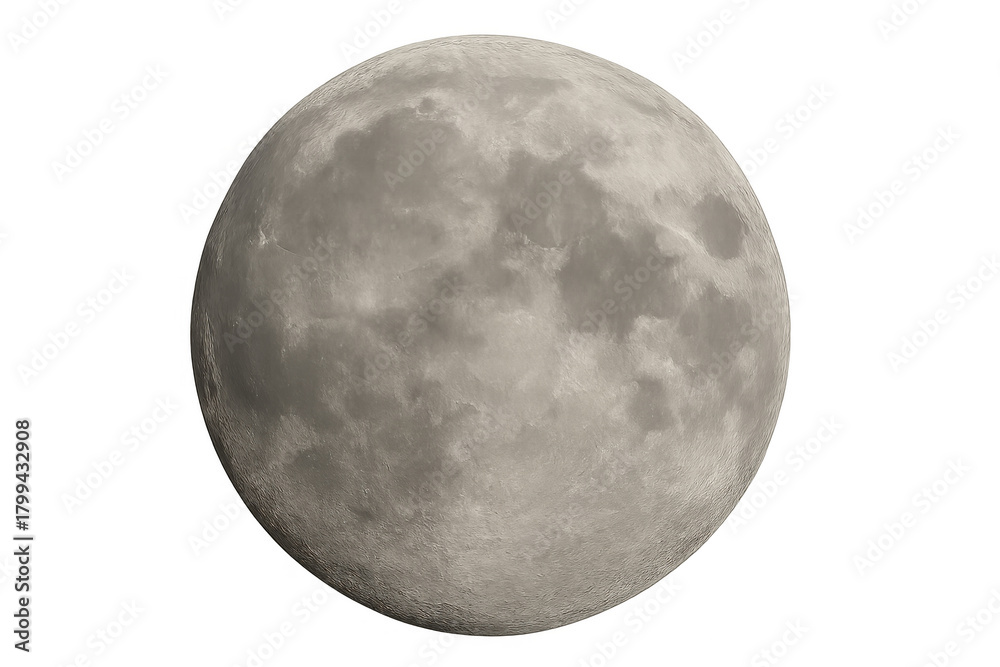 Fototapeta premium Full moon showing detailed craters and surface texture on a transparent alpha channel background