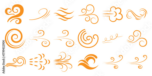 Collection of Orange Swirling Wind and Air Flow Icons and Symbols