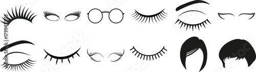 Collection of stylized eyes, eyelashes, eyebrows, glasses, and hairstyles in black and white