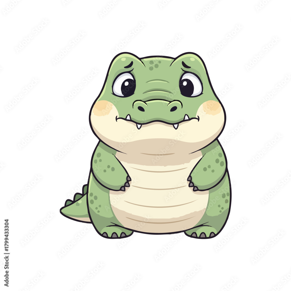 Fototapeta premium Cute cartoon alligator with big eyes and a shy expression.