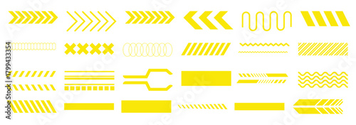 Collection of Yellow Geometric Patterns and Warning Stripes on White Background