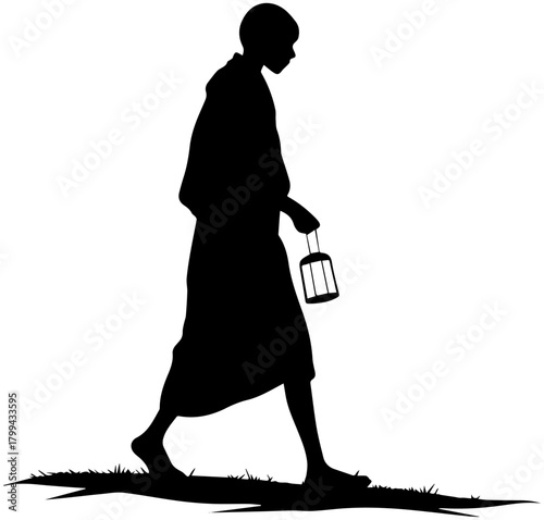 Solitary Lantern Walk Silhouette – Night Search Scene