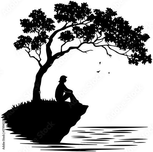 Solitary Figure Under Tree Silhouette – Reflective Mood