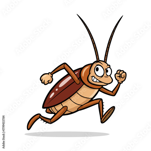 Cartoon cockroach running with a determined expression on its face.