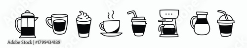 collection of black and white hand drawn coffee icons