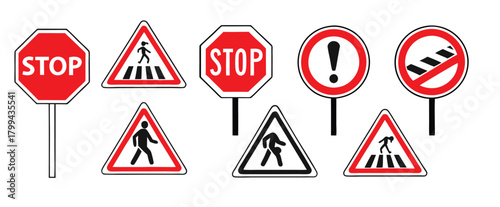 Collection of Road Traffic Signs Including Stop and Pedestrian Crossings