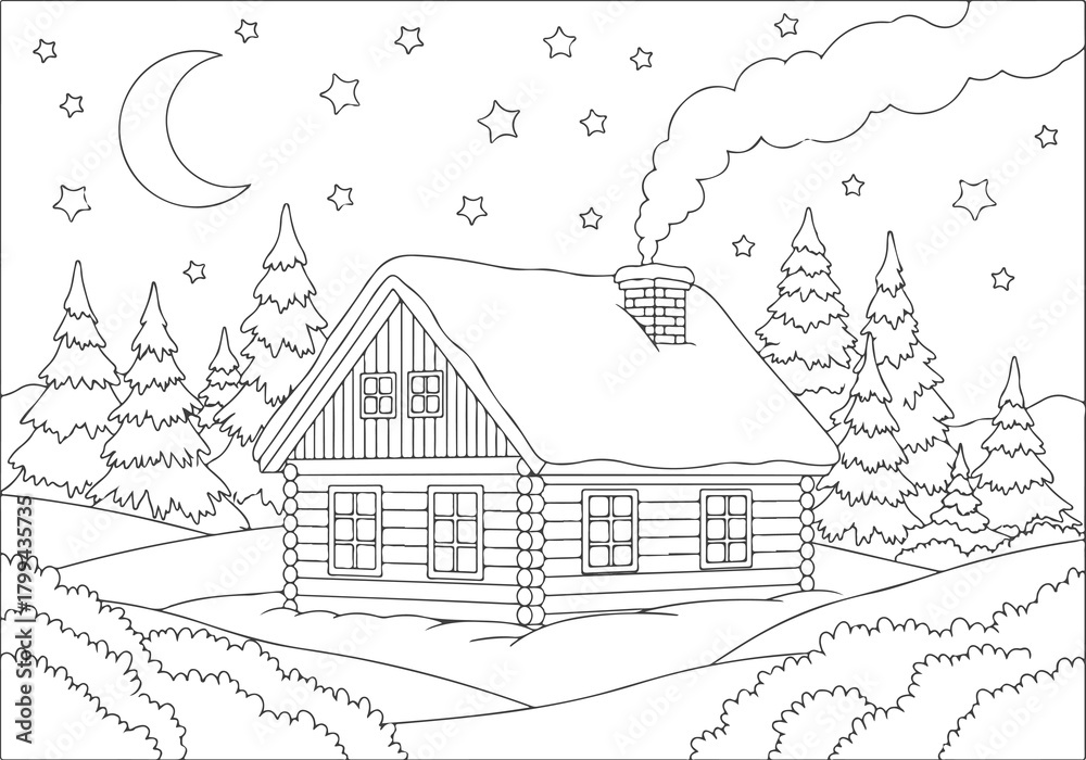 Obraz premium Winter Landscape Coloring Book Page Cozy Log Cabin in a Snowy Scene for Creative Fun
