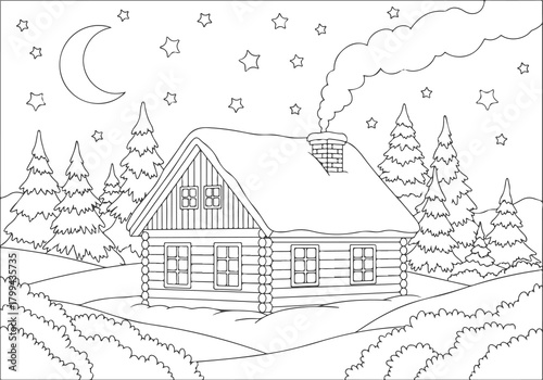 Winter Landscape Coloring Book Page Cozy Log Cabin in a Snowy Scene for Creative Fun