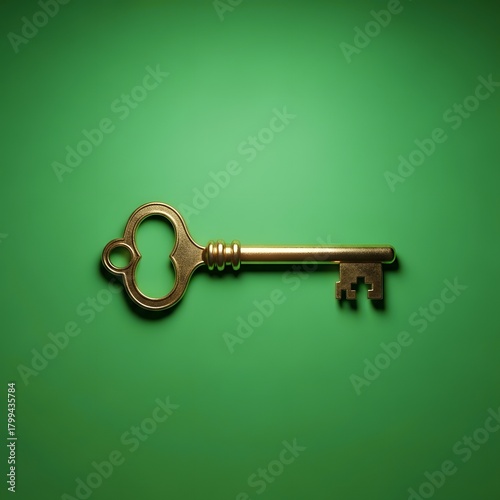 A vintage brass key with a unique heart-shaped bow placed on a vibrant green background, symbolizing access, security, or unlocking potential