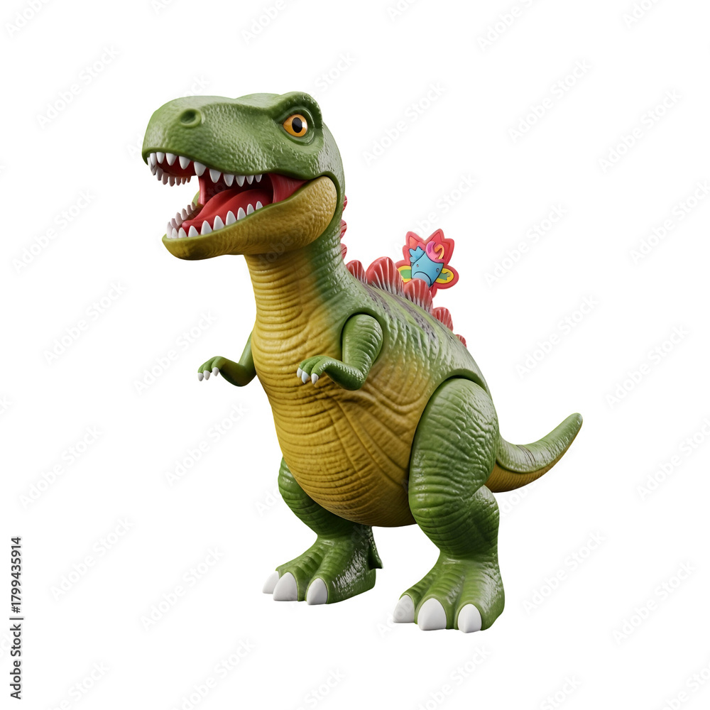 Fototapeta premium Cute Green Dinosaur Toy with Pink and Blue Cartoon Crest on Back