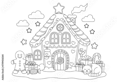 Cute Christmas gingerbread house with a sleeping cat and gifts, a festive winter holiday coloring book page for kids and adults