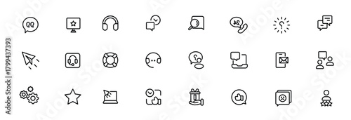 Customer Service and Support - Outline Icon Collection. Thin Line Set contains such Icons as Online Help, Helpdesk, Quick Response, Feedback and more. Simple web icons set
