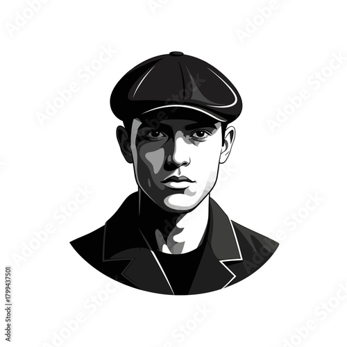 Black and white graphic illustration of a man wearing a flat cap, with a serious expression, in a stylized, high-contrast portrait.