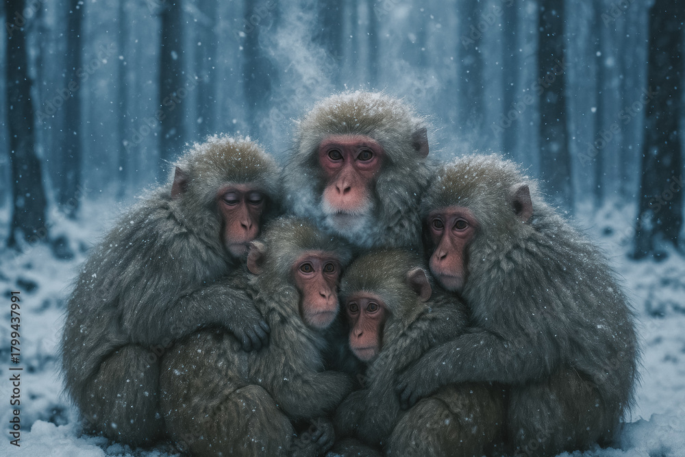 Obraz premium Huddled family of snow monkeys embracing in falling snow in forest, warmth and protection in harsh winter landscape, generative AI