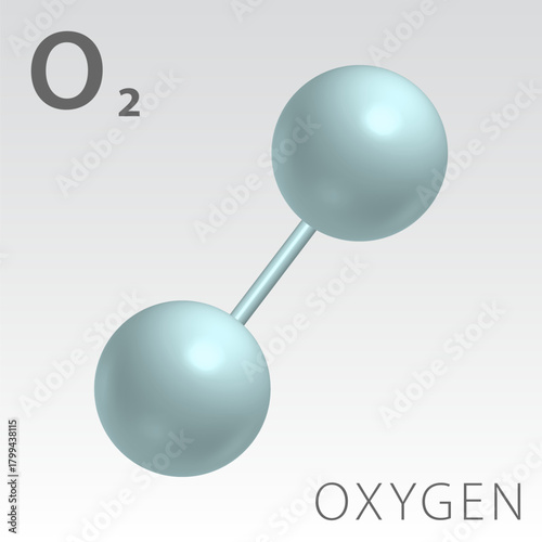 Oxygen O2 molecule model and chemical formula. Dioxygen.  Gas. Three dimentional model, Illustration on white background.EPS10. 