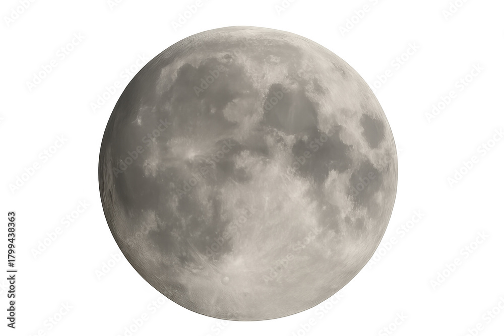 Naklejka premium Full moon against a transparent sky, lunar orb showing detailed surface, astronomy and space concept