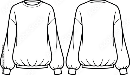 Crewneck Sweatshirt Flat Sketch – Front and Back Views with Voluminous Sleeves