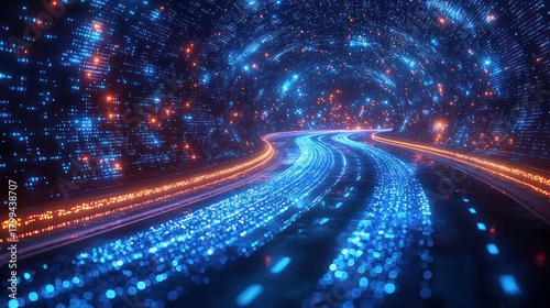 Fototapeta Naklejka Na Ścianę i Meble -  Futuristic digital tunnel with glowing blue and orange lights, suggesting data flow and motion