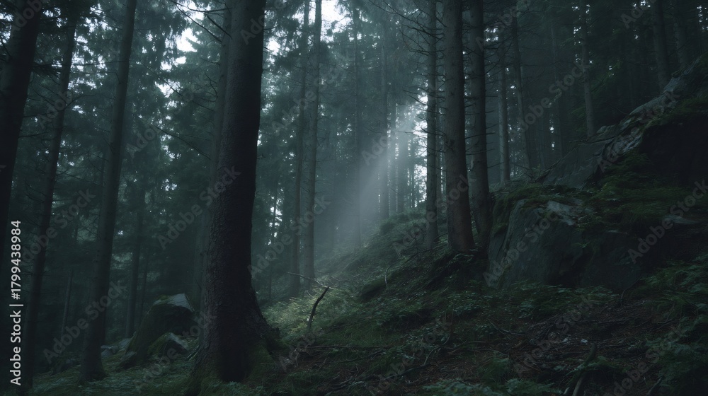 Obraz premium Dark forest with sunbeam shining through misty evergreen trees and dense woods creating a mysterious, peaceful atmosphere