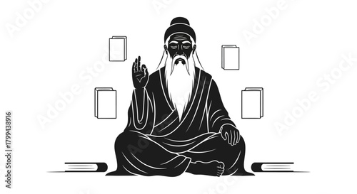 Stylized black and white illustration of an ancient Asian sage meditating amidst floating scrolls and books, symbolizing wisdom and knowledge.