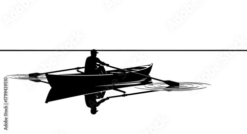 A lone rower in a small boat, silhouetted against a white background, with a clear reflection on the calm water.