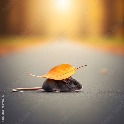 A small mouse with a large autumn leaf on its back walking on a paved path during sunset in a park setting