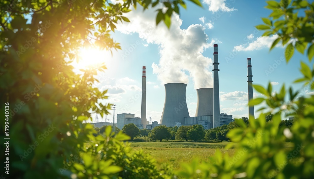 Obraz premium Industrial power plant with cooling towers and tall chimneys emitting steam. Green foliage frames the scene under a bright sunny sky. Nature contrasts with large scale energy production.