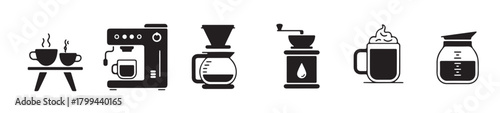 Collection of Black and White Coffee Making Equipment Icons