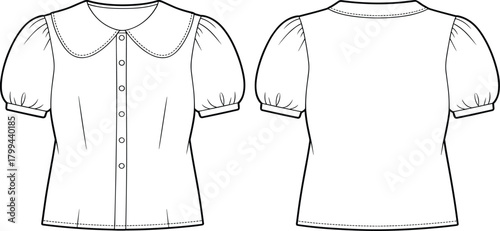Puff Sleeve Blouse Flat Sketch – Front and Back Views with Peter Pan Collar