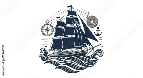 sailing ship on a blue background