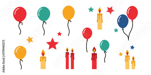 Colorful birthday party celebration with vector illustration of balloons, candles on a cake, and a gift for a child