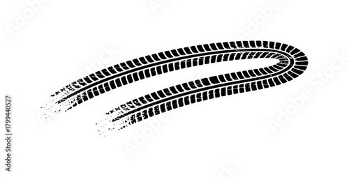 Black Tire Track Imprint on White Background, Showing a Sharp Turn