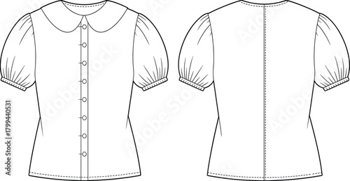 Women’s Blouse Flat Sketch – Peter Pan Collar and Puff Sleeves, Front and Back Views