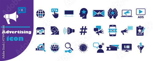 Marketing Tools, Audio Ads & Engagement Icons, Professional Blue Vector Collection, Email, Hashtag & Audience Interaction Icon, vector illustration EPS 10.