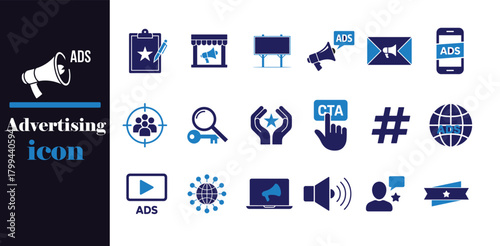 CTA, Search, Media Ads & Audience Icons, Professional Blue Vector Collection.
