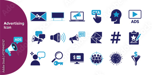 Digital Marketing & CTA Action Icons Set, Modern Blue Vector Collection, Email,Ads & Audience Targeting Icons, vector illustration EPS 10.