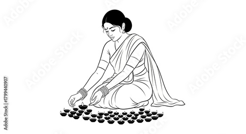 Line drawing of an Indian woman in a saree lighting or arranging traditional oil lamps (diyas) on the ground.