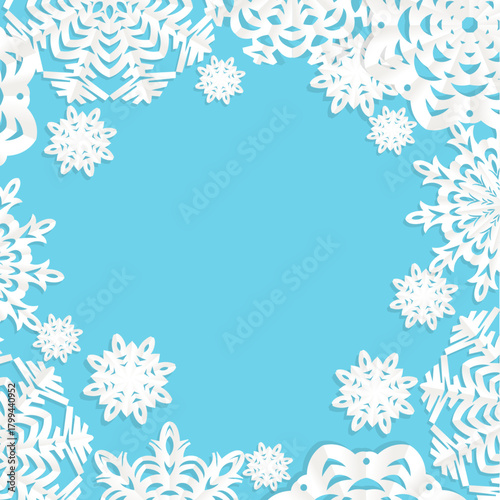 Applique snowflake frame on blue background  for your Christmas card