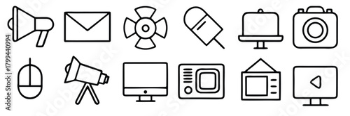 collection of hand drawn technology and media icons 