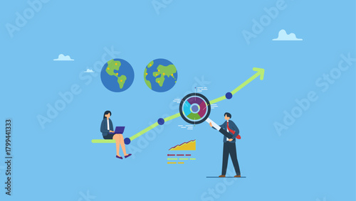 Business people researching with magnifying glass and computer. Research and development, analyze data for insight information to improve or optimization, market research to increase growth.