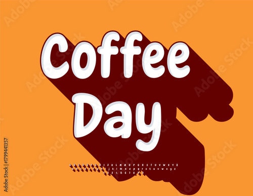Vector Promo icon Coffee Day. Funny Unique 3D Font. Bright Handwritten Alphabet Letters and Numbers set.