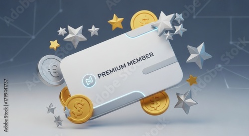3D render of a premium member card with gold coins and silver stars, symbolizing an exclusive loyalty rewards program