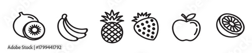 collection of six different fruit icons in a simple line art 