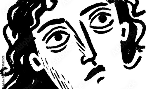 Abstract face illustration in black and white. Minimalist vector design with simple lines and contours, showcasing modern artistic style.