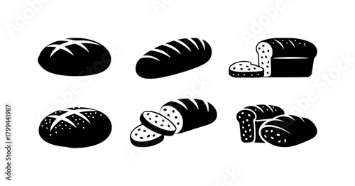 Collection of Black and White Bread Icons: Loaves, Sliced, and Round