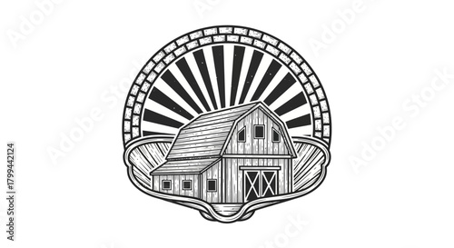 Detailed black and white illustration of a rustic wooden barn with radiating sun rays, framed by a decorative arch with brick and ornate elements, depicting a vintage farm scene.
