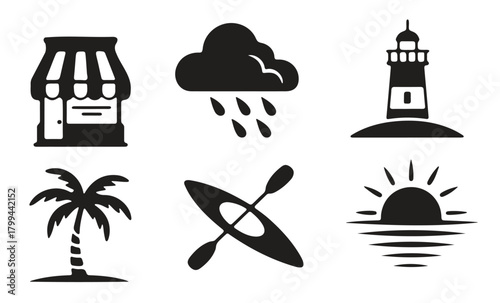 Collection of travel and leisure icons, perfect for tourism, vacation, and outdoor recreation. vector